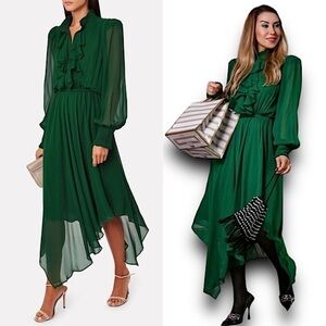 NWT DIVINE HERITAGE Silk 70s Ruffle Neck Sheer‎ Puffed Long Sleeve Midi Dress S
